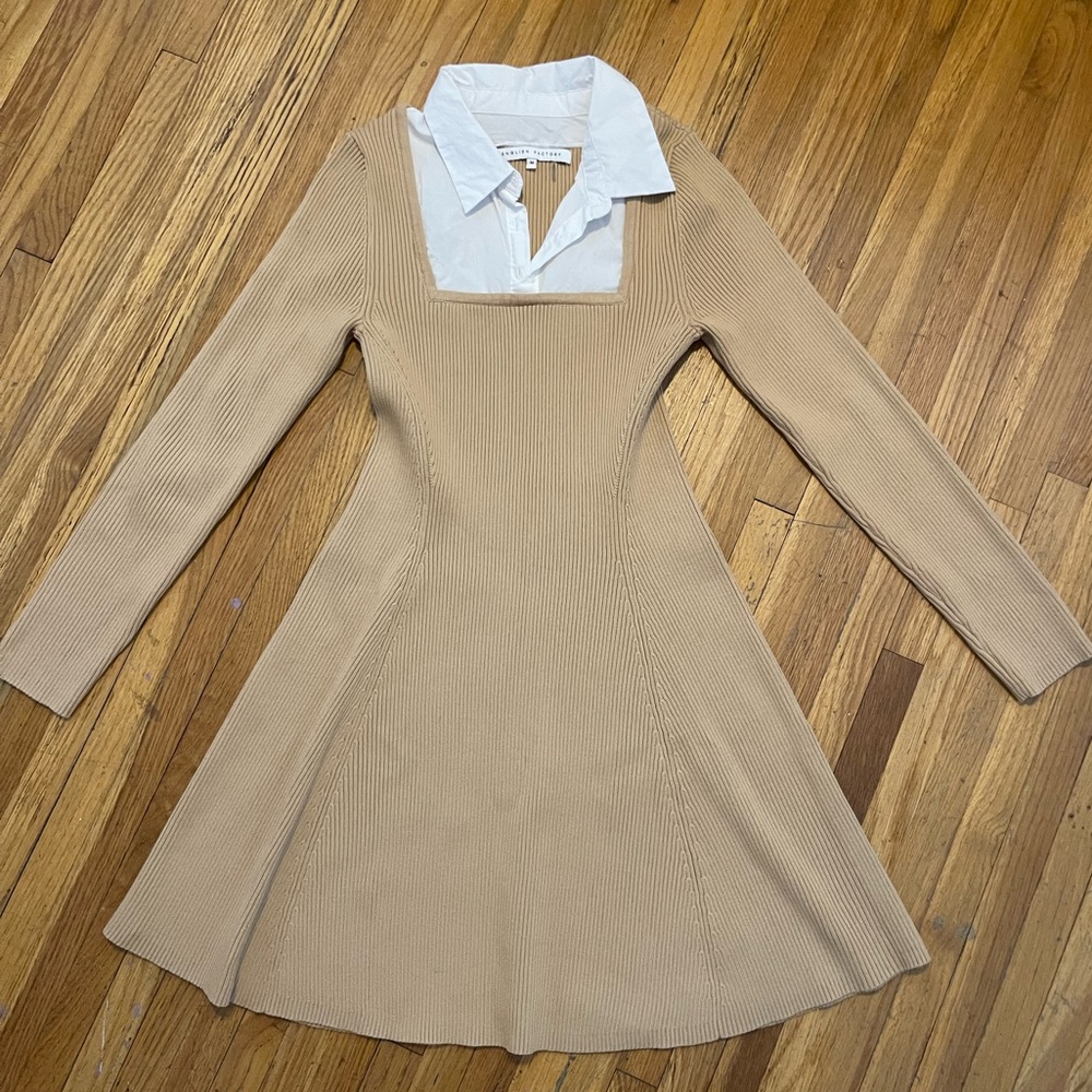 English Factory Tan Long Sleeve Dress with White Collar
